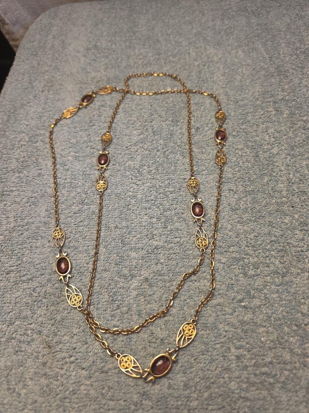 Vtg 54 Inch Openwork Filigree Station Chain Necklace Red Purple Glass Sautoir